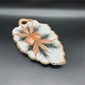 Vintage Italian Pottery Leaf Dish Strawberries Gold Decorative Vanity Tray Italy